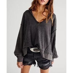 Free People We the Free Black Buttercup Thermal Long Sleeve Top Size XS